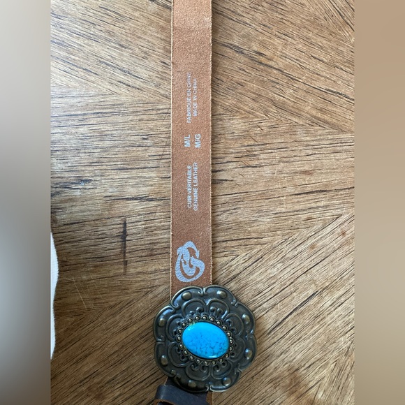 Brown Leather Belt with Turquoise Stone Center Buckle - Picture 2 of 5